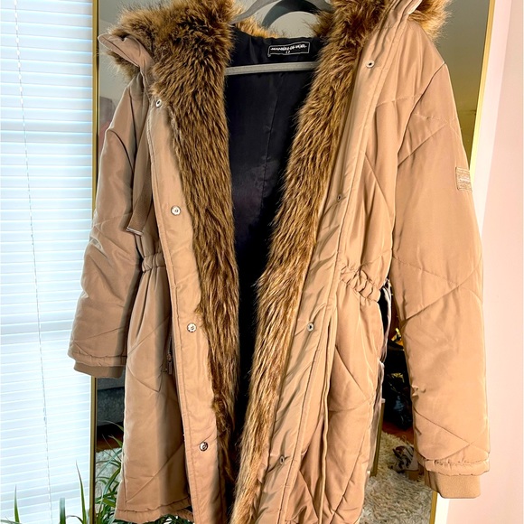 FUR LINED QUILTED COAT Super warm faux fur hooded quilted coat ! Beige - Picture 5 of 5